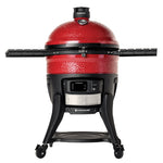 Barbecue kamado au charbon Kamado Joe Big Joe Konnected Joe, grand modèle connecté rouge sur chariot roulant avec tablettes latérales