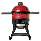 Barbecue kamado au charbon Kamado Joe Big Joe Konnected Joe, grand modèle connecté rouge sur chariot roulant avec tablettes latérales