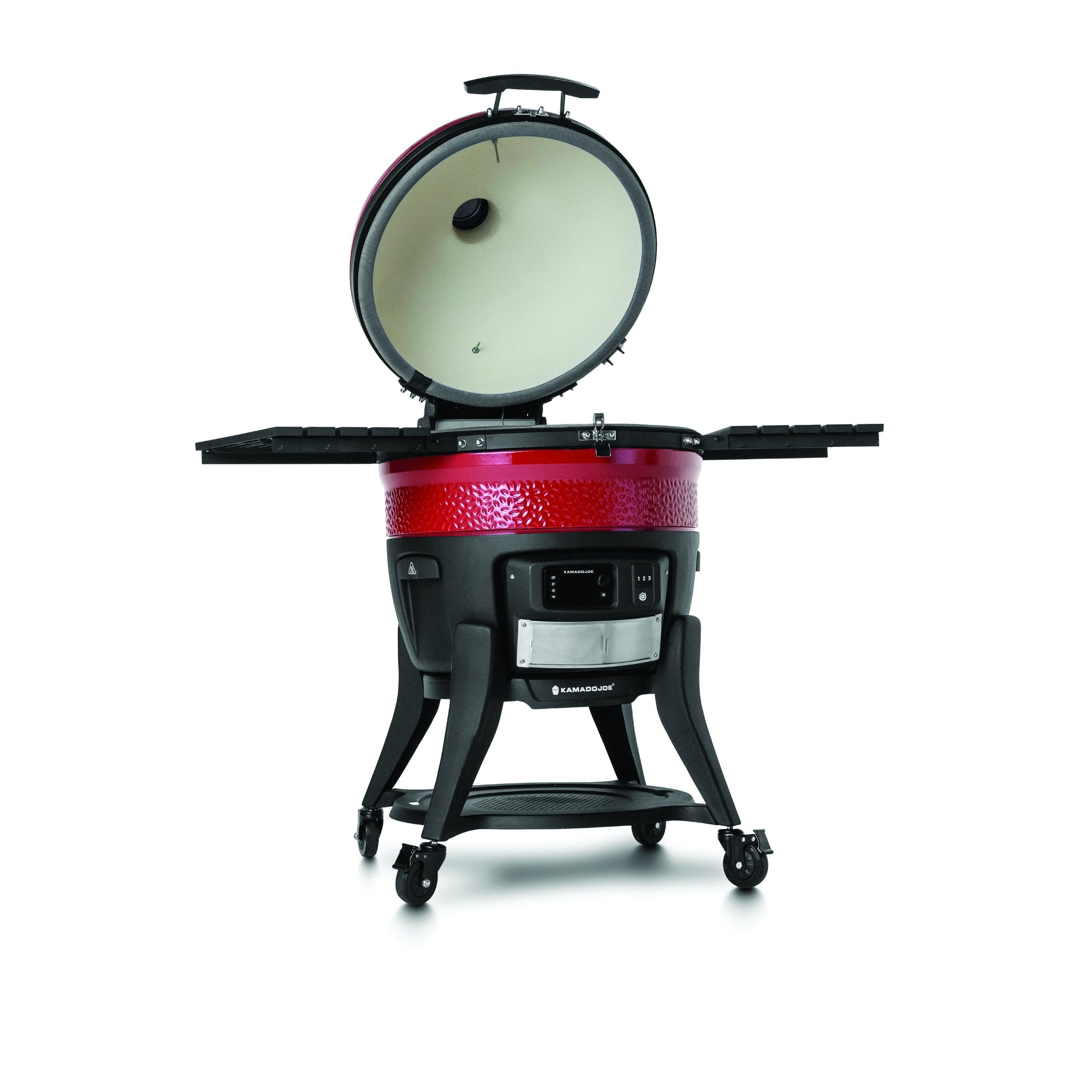 Kamado Joe Big Joe Konnected Joe ouvert montrant ses grilles de cuisson en acier inoxydable et son grand foyer en céramique
