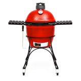 Barbecue kamado au charbon en céramique Kamado Joe Classic Joe II rouge sur chariot à roues avec tablettes latérales