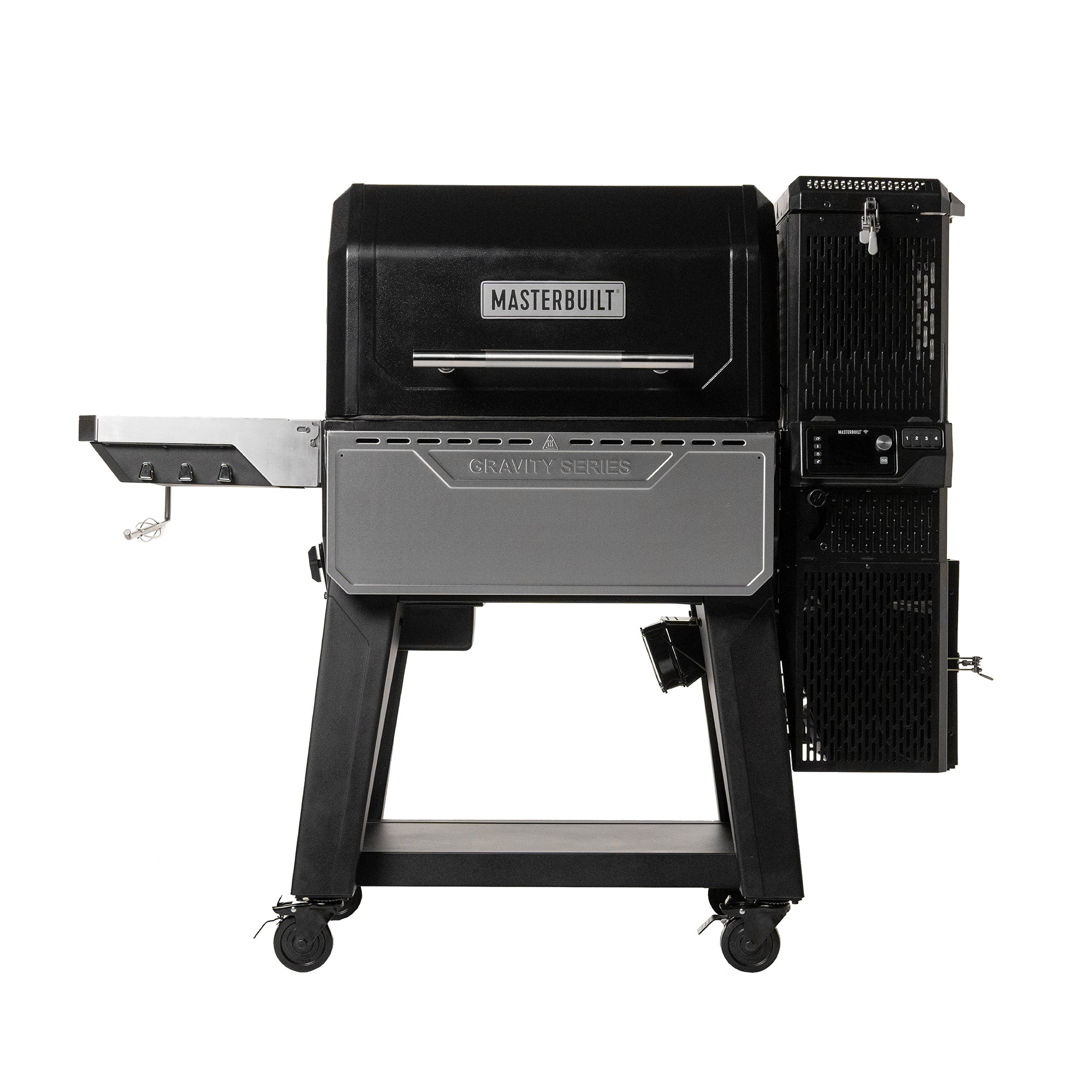 Barbecue et fumoir au charbon numériques Masterbuilt Gravity Series XT noir sur chariot avec tablettes rabattables