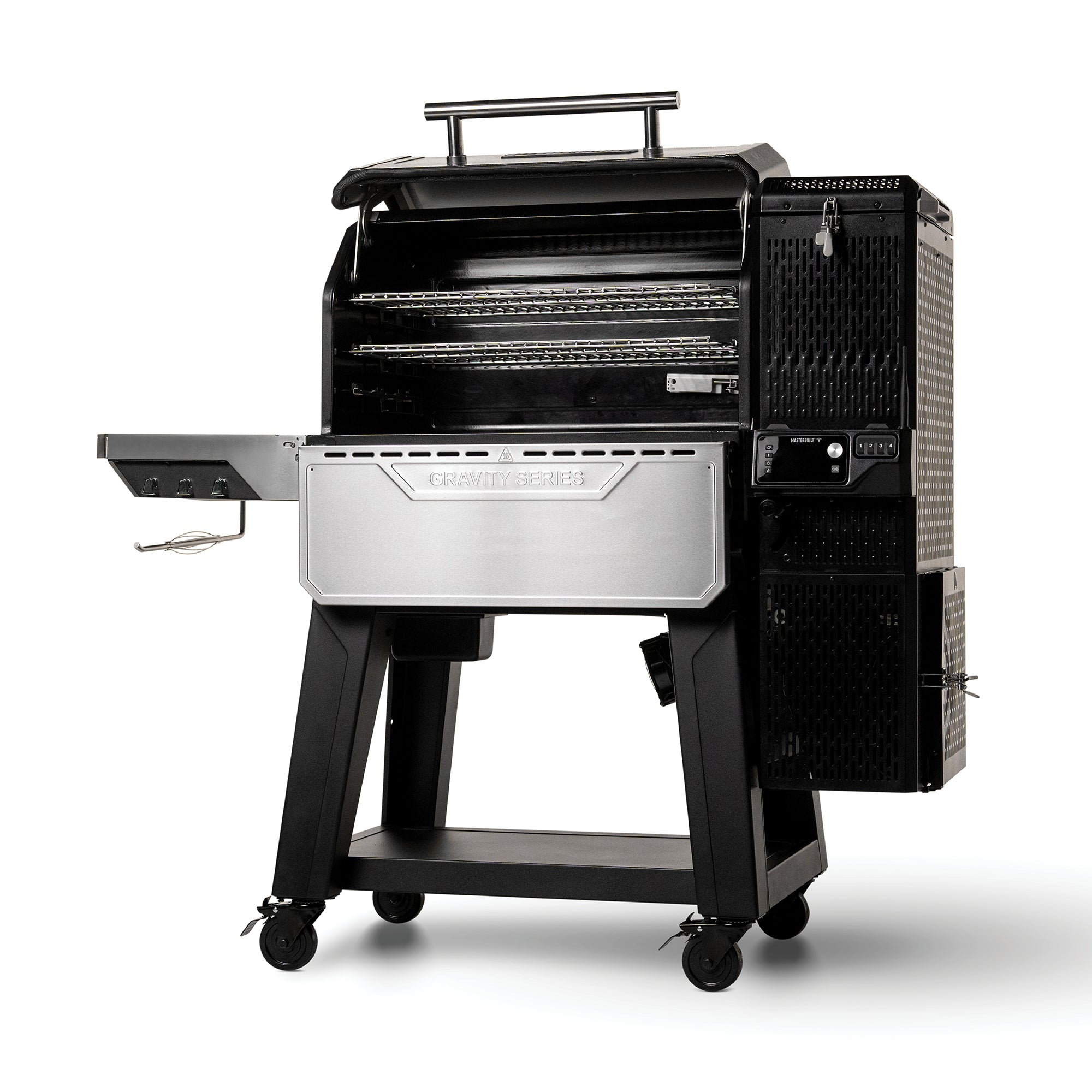 Masterbuilt Gravity Series XT ouvert montrant les grilles de cuisson étagées en acier inoxydable